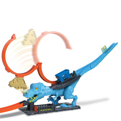 Pista Hot Wheels T-Rex Attack, joc de îndemânare prin timing și țintire precise, cu circuit cu looping, jucărie auto, pentru copii de la 4 ani, HNP77