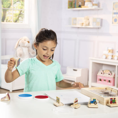 Set de Timbre din Lemn Melissa & Doug - Vehicule | Arte & Meșteșuguri | Seturi de Timbre & Șabloane | 4+ | Cadou pentru Băiat sau Fată