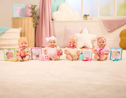 Păpușa Baby Sweetheart cu haine, suzetă și accesorii pentru baie – Păpușă moale și carte ilustrată în limba engleză – Jucărie pentru copii de la 2 ani