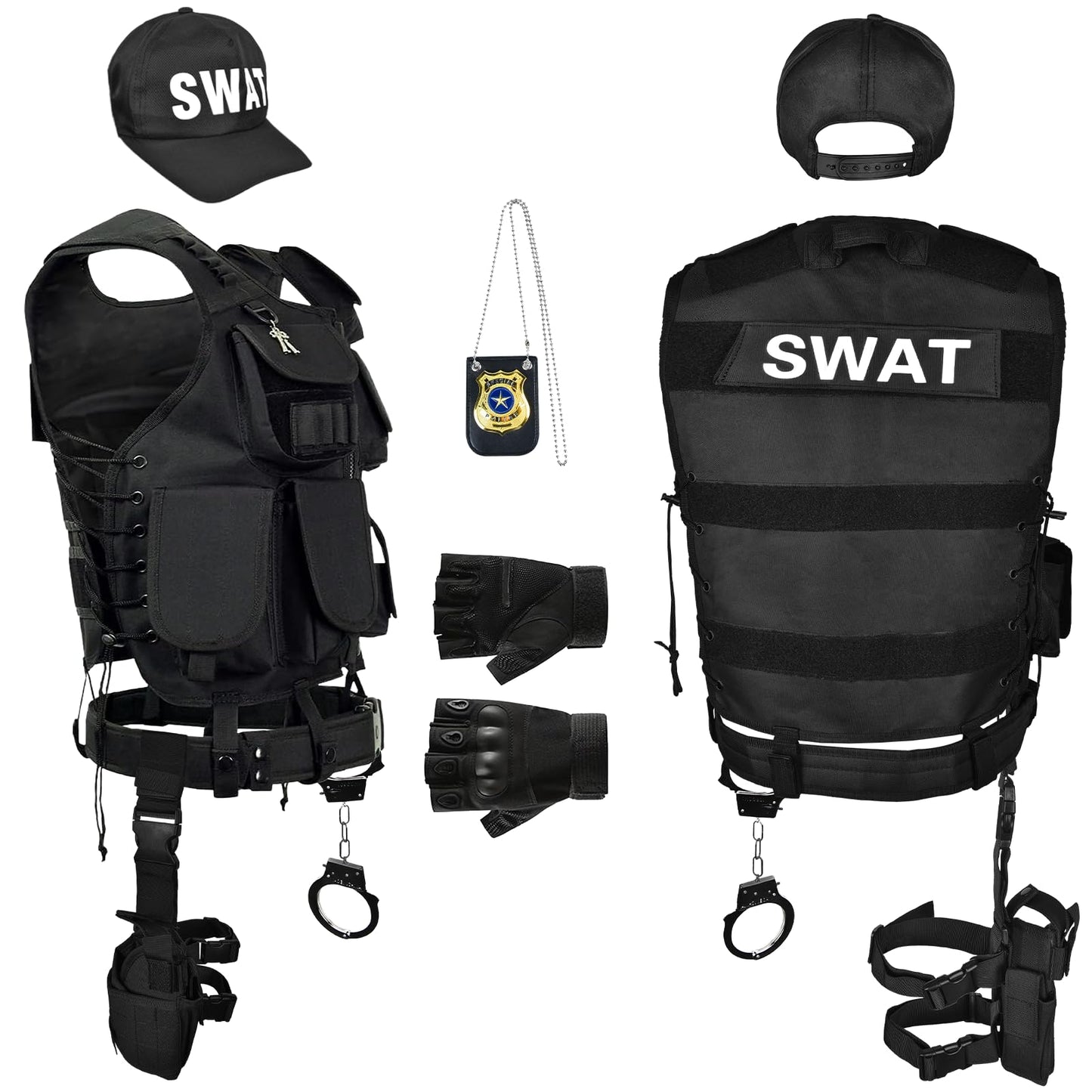 Costum Ulikey SWAT pentru bărbați, vestă poliție, costum de securitate cu vestă, șapcă, suport pentru pistol și curea pentru cosplay, Halloween, carnaval, petreceri.