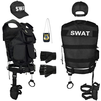 Costum Ulikey SWAT pentru bărbați, vestă poliție, costum de securitate cu vestă, șapcă, suport pentru pistol și curea pentru cosplay, Halloween, carnaval, petreceri.