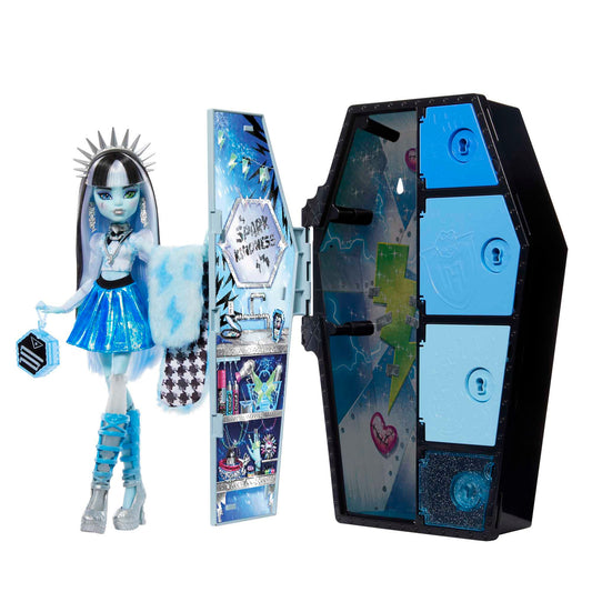 Păpușa Monster High Skulltimate Secrets Fearidescent Frankie Stein - Dulap cu peste 19 surprize, efect Color-Reveal, pentru copii de la 6 ani, HNF75