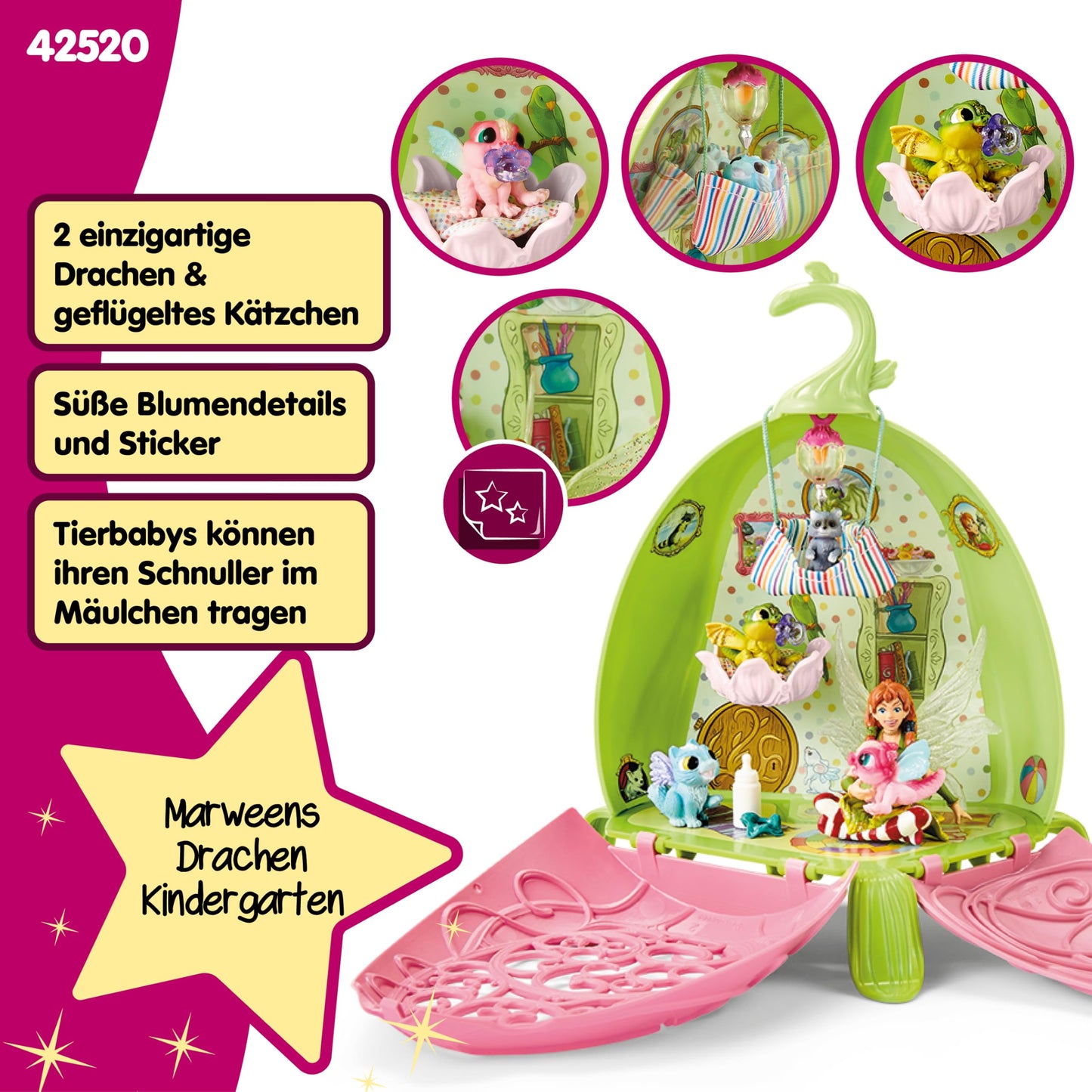 Schleich BAYALA Set de joacă Grădinița animalelor Marween cu elfă, 2 pui de dragon, pisicuță cu aripi și raton, floare pliabilă transportabilă, 19 piese, de la 5 ani