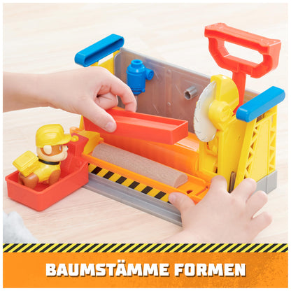 Rubble & Crew - Set de joacă atelier cu 2 accesorii de unelte, 1 figură Rubble, 85g nisip cinetic Build-it și 1 matriță, jucărie pentru copii de la 3 ani