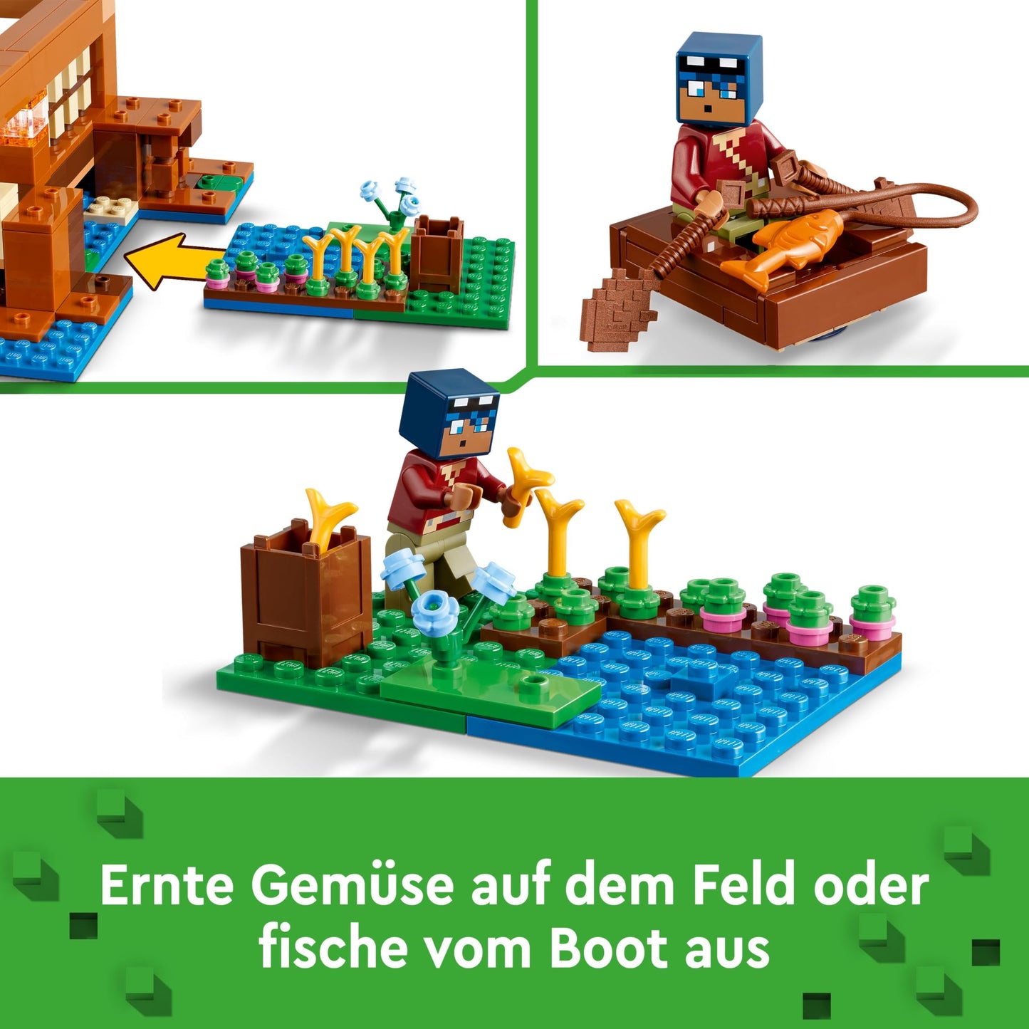 LEGO Minecraft 21256 Set de construcție Casă Broscuță cu barcă, figurine animale și accesorii, 400 piese, de la 8 ani