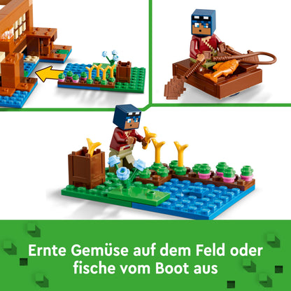 LEGO Minecraft 21256 Set de construcție Casă Broscuță cu barcă, figurine animale și accesorii, 400 piese, de la 8 ani