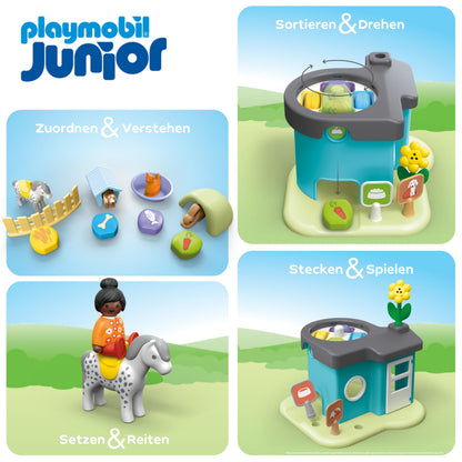 PLAYMOBIL JUNIOR | Adăpost pentru animale cu distribuitor de hrană | jucărie ecologică din plastice biobazate | pentru copii de la 1 an | 71690