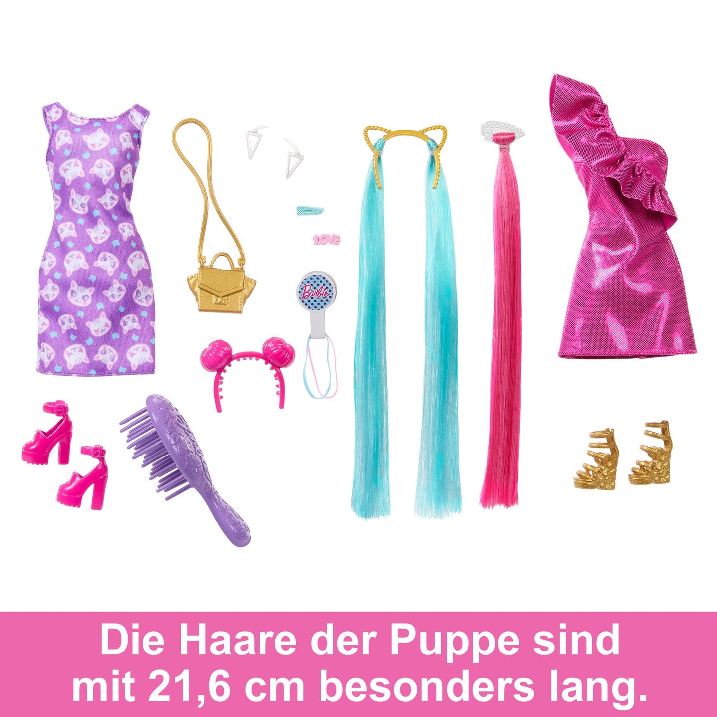 Barbie Fun & Fancy Hair Păpușă cu păr blond extralung colorat și rochie roz strălucitoare 3+ ani