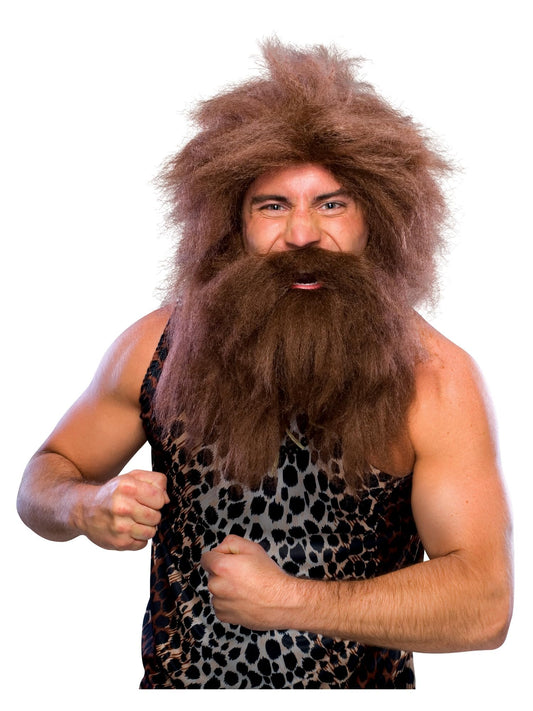 Peruca si barbă Caveman Omul pesterii pentru adulți, culoare maro, complement pentru costum, accesoriu.