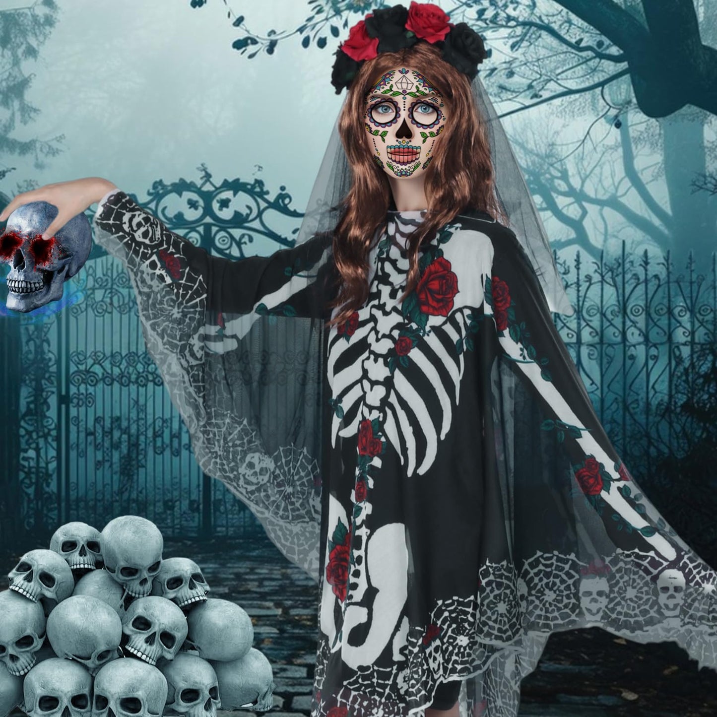 Poncho Skelett HarnyLoom pentru femei, Halloween, cu voal din dantelă, ziua morților, mantou roz și negru, accesorii goth, tatuaje pentru față, carnaval, cosplay.