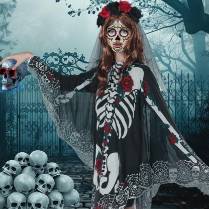 Poncho Skelett HarnyLoom pentru femei, Halloween, cu voal din dantelă, ziua morților, mantou roz și negru, accesorii goth, tatuaje pentru față, carnaval, cosplay.