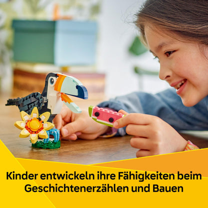 LEGO Creator Animale Sălbatice: Tucan Tropical - Jucărie 3-in-1 care se transformă în Figurina Fluture sau Pește - Jucărie Creativă - Cadou pentru Fete și Băieți de la 7 Ani 31173