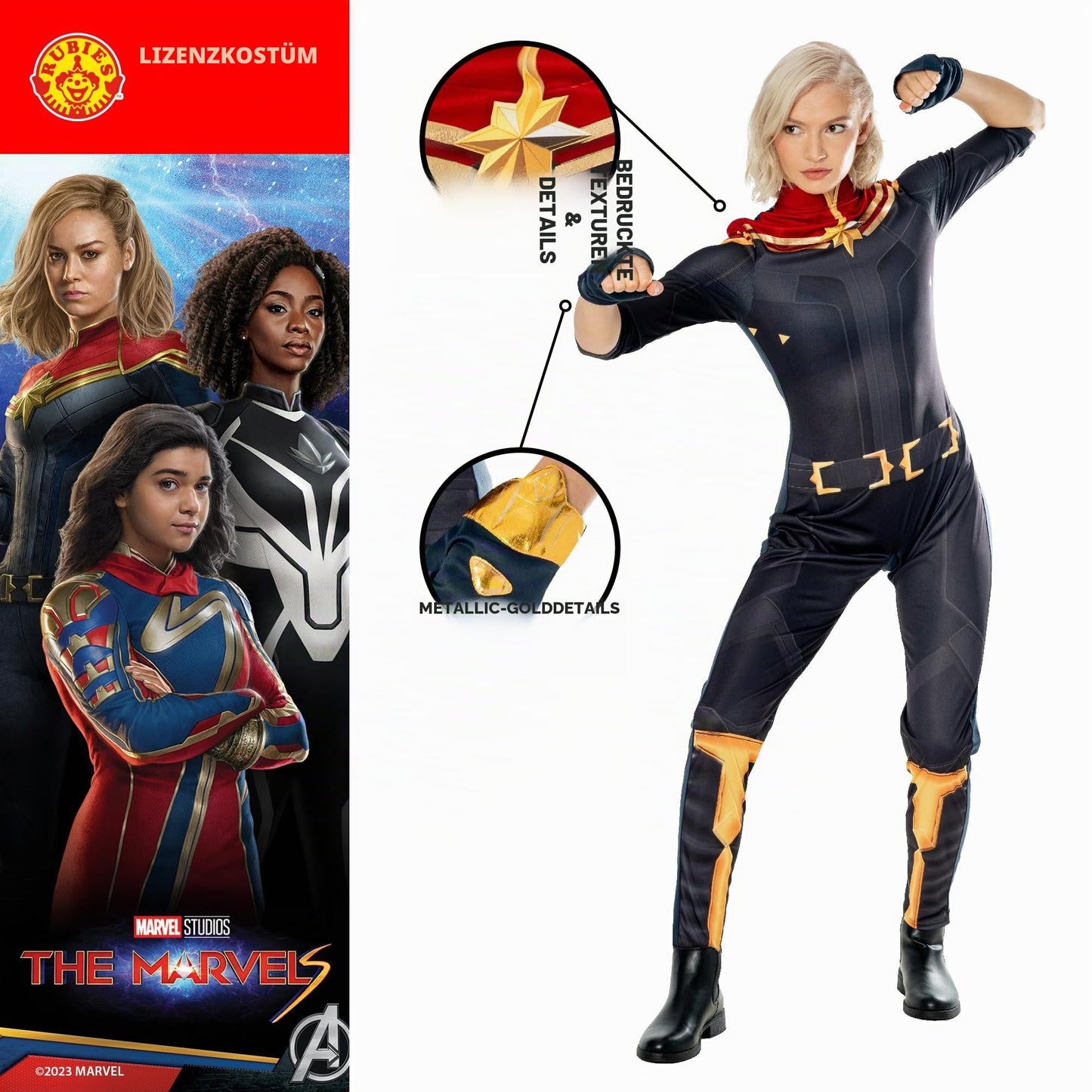 Rubies Marvel Captain Marvel Costum pentru femei Jumpsuit și 2 manșete oficial Marvel pentru carnaval Crăciun petreceri Halloween L 44-46