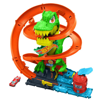 Hot Wheels Set pistă T-Rex, mașină pompieri 1:64, 45 cm