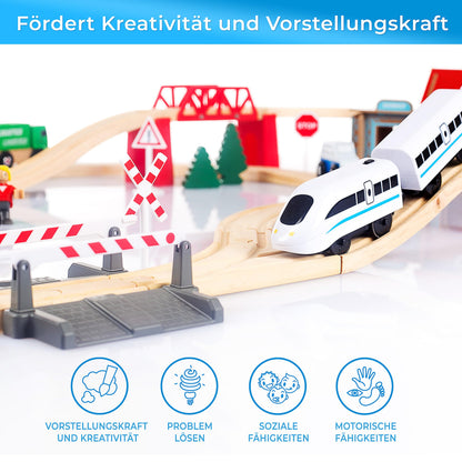 Set de trenuri din lemn Green Series pentru copii - Tren din lemn | Jucărie tren | Stație de poliție, autostradă și set de cale ferată cu pod, 80 piese, 378 cm lungime | Trenuri din lemn | Tren din lemn | Model GS0010