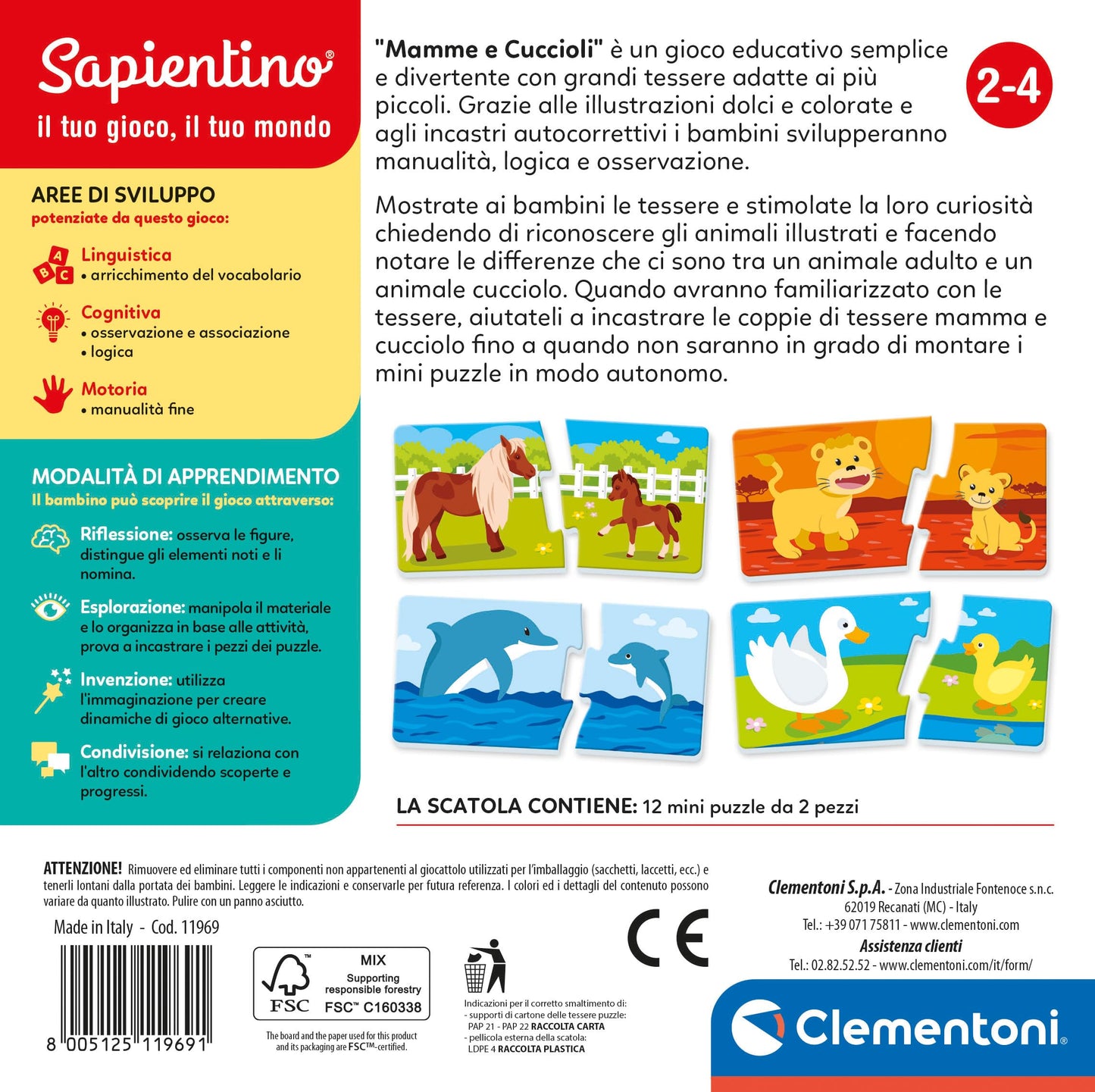 Clementoni 11957 Joc asociere animale, 24 cărți, 2+ ani