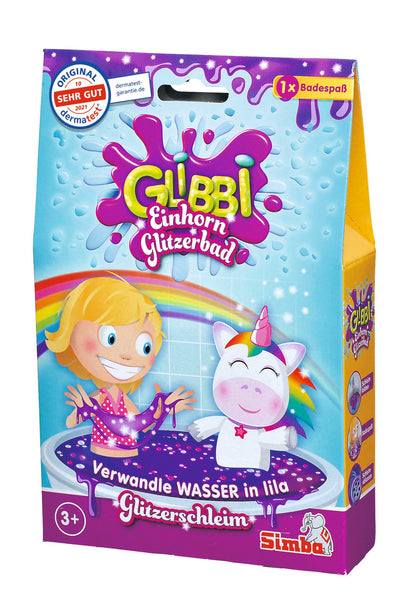 Simba Glibbi Einhorn Set de joacă pentru baie cu sclipici lila – Pulbere non-toxică și prietenoasă cu pielea, Distracție cu slime pentru baie cu efect sclipitor, pentru copii de la 3 ani