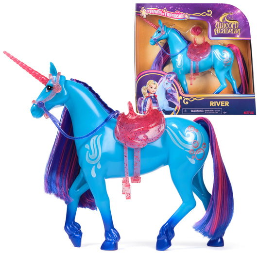 Unicorn Academy River Set de joacă cu unicorn 28 cm cu coamă și coadă naturală, șa și ham detașabile, perie, pentru copii de la 4 ani