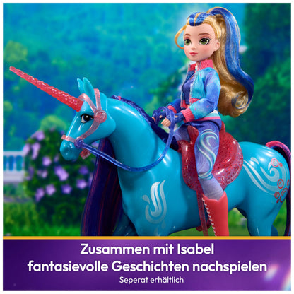 Unicorn Academy River Set de joacă cu unicorn 28 cm cu coamă și coadă naturală, șa și ham detașabile, perie, pentru copii de la 4 ani