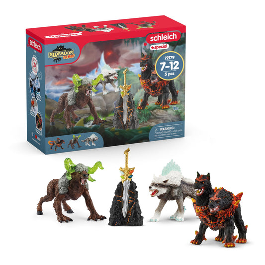 Schleich ELDRADOR Creatures Set de pornire cu 5 piese cu Höllenhund, Lup de zăpadă, Bestie de piatră și Superarmă pentru copii de la 7 ani