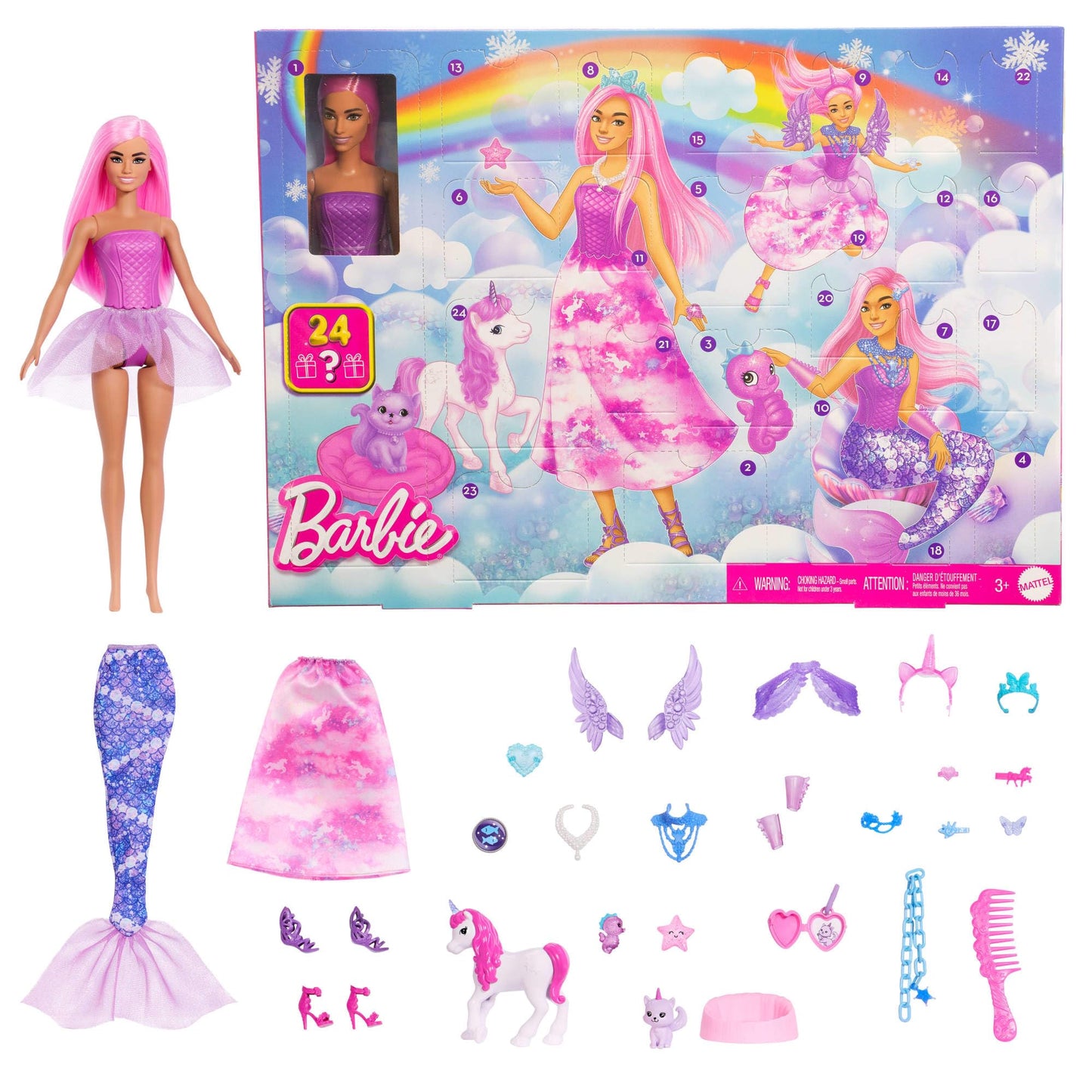 Barbie JFL66 Set de construcție Advent cu păpușă și 24 accesorii surpriză cu unicorn și animale, păpușă de modă transformabilă în sirenă, zână și altele, de la 3 ani