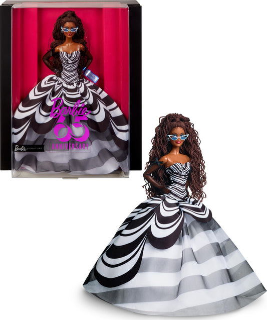 Barbie Signature - Păpușă, figură de colecție pentru 65 de ani, cu păr împletit brun, rochie alb-negru, cercei cu safir și ochelari de soare, HRM59