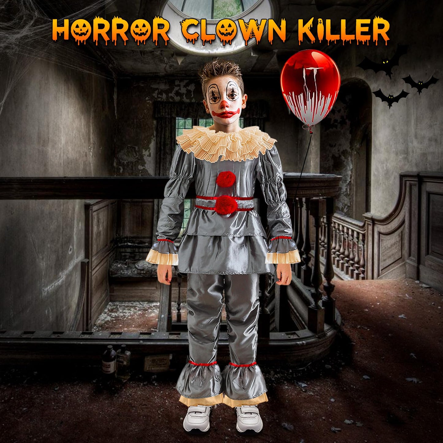Costum de Halloween Clovn Pennywise pentru copii: Set costum clovn horror, outfit cosplay Pennywise din filmul de groază, îmbrăcăminte pentru petreceri de Halloween și carnaval.