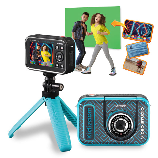VTech Kidizoom Video Studio HD albastru – Cameră pentru copii cu Greenscreen, stativ, efecte, cameră pentru selfie și multe altele – Pentru copii de 5-12 ani