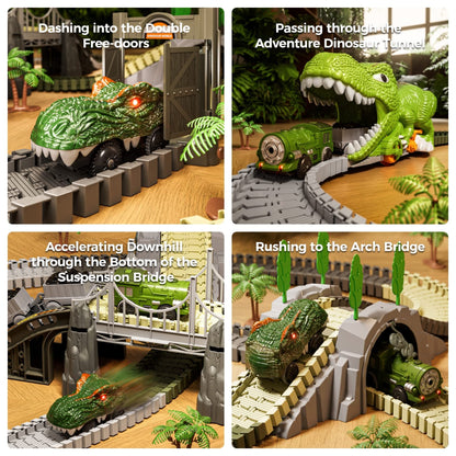 TUMAMA P01 Set de joacă cu tren de dinozauri Piste flexibile cu 281 piese, 4 dinozauri și 2 mașinuțe electrice cu lumini pentru copii 3-6 ani