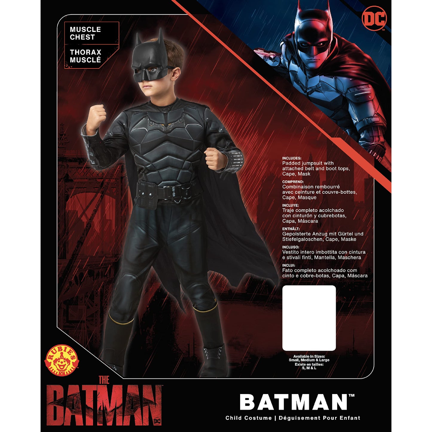 Costum Deluxe Batman pentru băieți, cu piept muscular, oficial din filmul The Batman, de culoare neagră, cu capa detașabilă și mască, ideal pentru Halloween, Crăciun, carnaval și petreceri de naștere.- Rubies