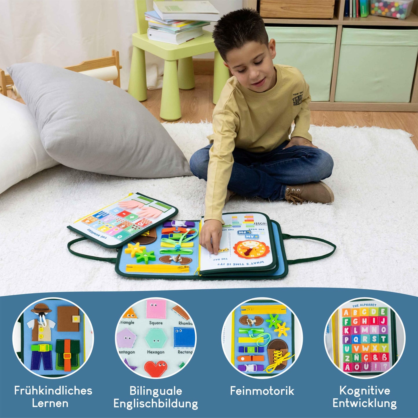 Tablă Activitate Montessori Bonnyco din Fleece - Jucărie Educațională Montessori, Tablă de Activitate pentru Bebeluși, Jucărie pentru Dezvoltarea Motricității | Cadouri pentru Copii, Jucării pentru Băieți și Fete, Cadouri de Naștere și Crăciun