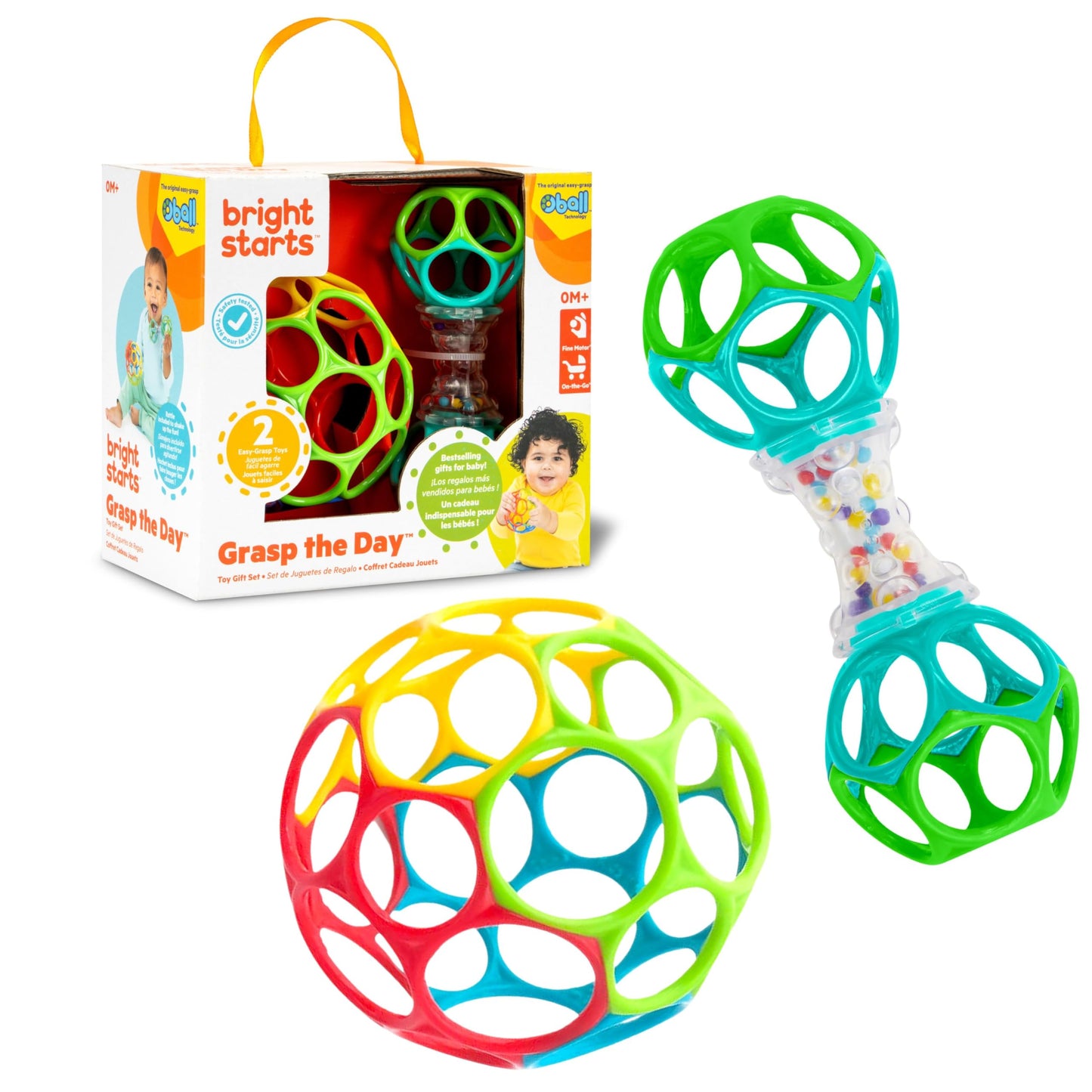 Bright Starts Easy-Grasp Oball Set de joacă cu minge și zornăitoare 2 piese, fără BPA, unisex, de la nou-născut