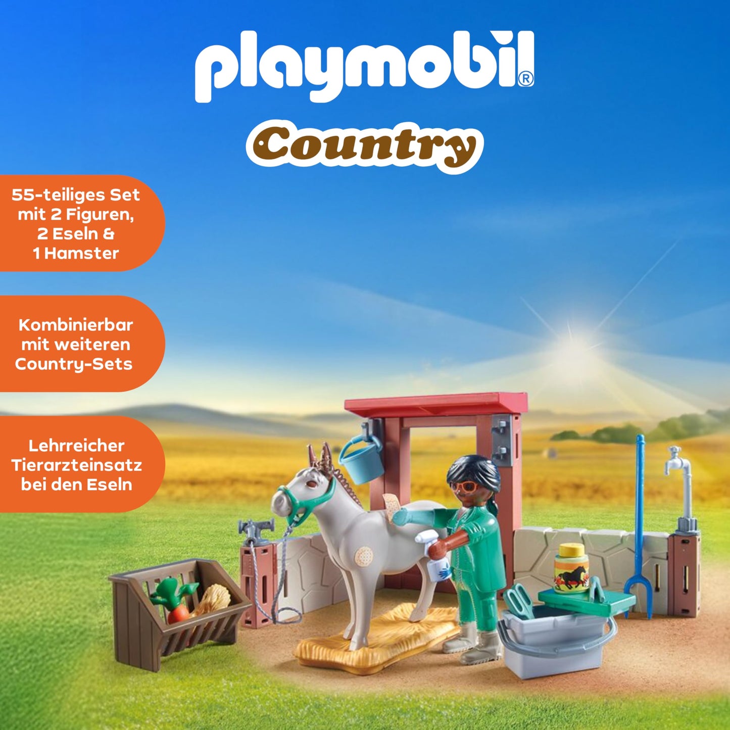 PLAYMOBIL Country Set de joacă veterinar pentru măgari pentru copii de la 4 ani