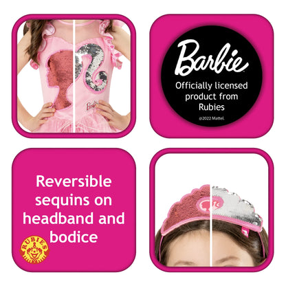 Costum Rubies Barbie  pentru fetițe, Rochie roz cu paiete și tiară, Oficial Mattel Barbie pentru  carnaval, zi de naștere și Halloween.