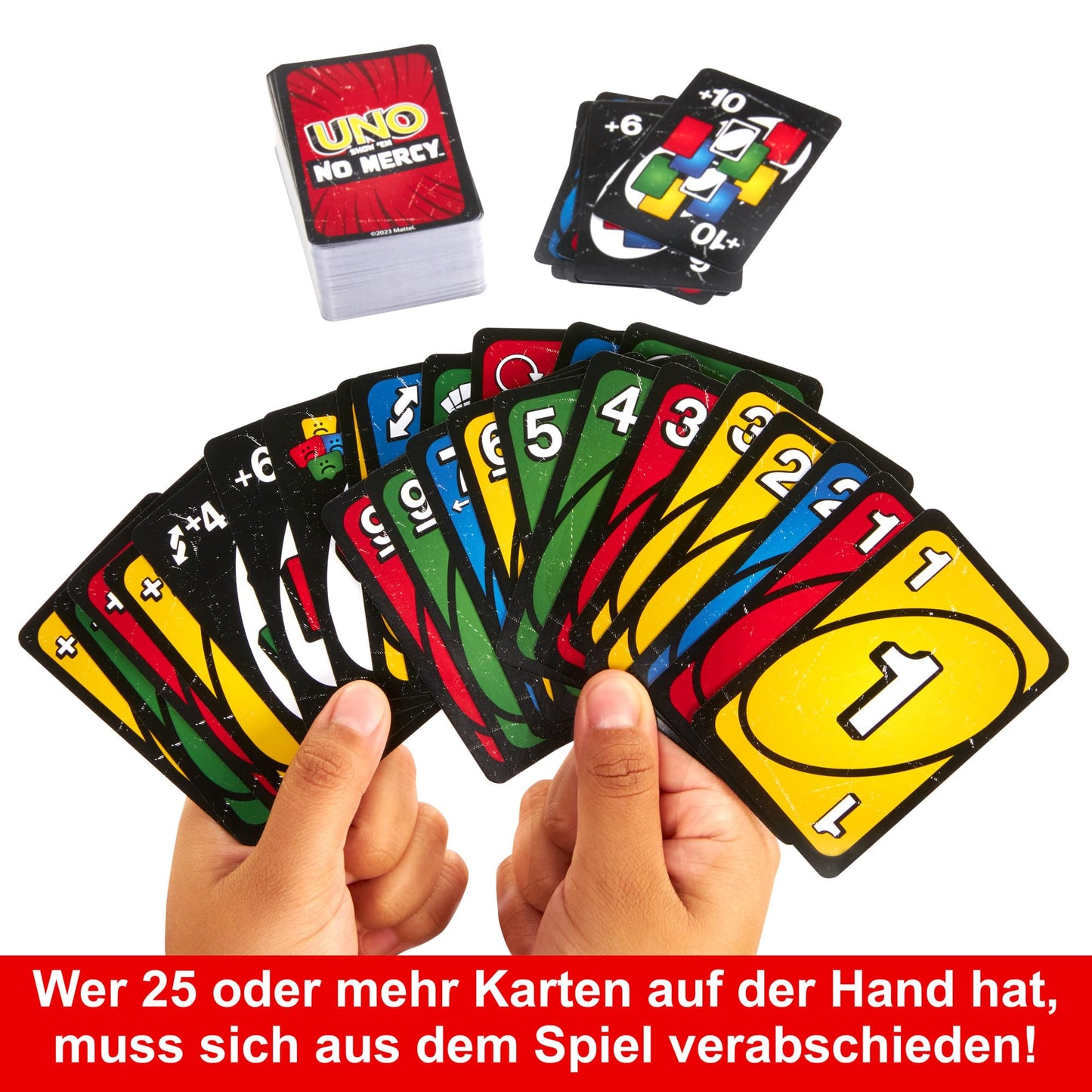 Mattel Games UNO No Mercy Joc de cărți cu reguli speciale și pedepse dure pentru copii și adulți