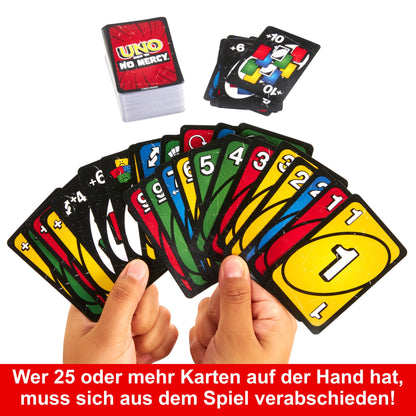Mattel Games UNO No Mercy Joc de cărți cu reguli speciale și pedepse dure pentru copii și adulți