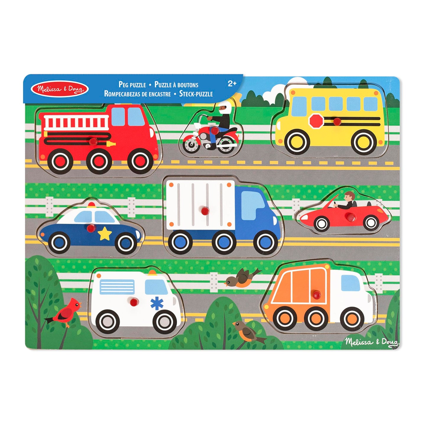 Puzzle din lemn cu vehicule Melissa & Doug – Jucărie interactivă pentru învățare, cadou educativ pentru copii de 2 ani și mai mari