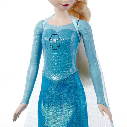 Jucărie Mattel Disney Frozen - Păpușa Elsa cântătoare, îmbrăcată în stilul caracteristic, cântă „Lass jetzt los” din filmul Disney „Frozen”, cadou pentru copii, versiunea germană HMG32