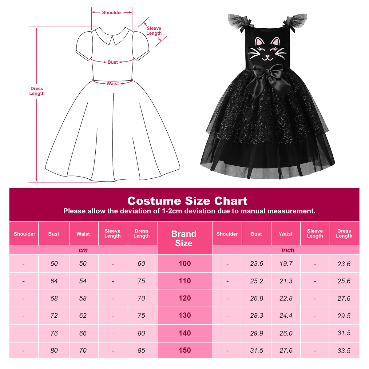 ReliBeauty RB-G9483-B8 Costum de pisică pentru fetițe cu urechi și coadă, 10-11 ani