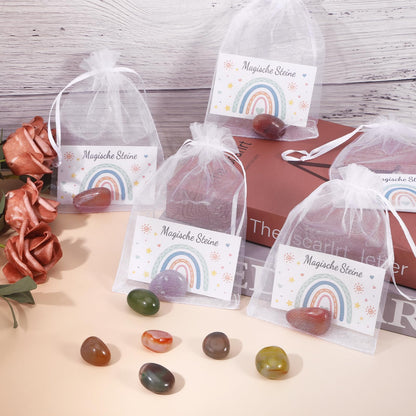 HweeWanX Set de pietre norocoase pentru copii 20 piese cu felicitări și săculeți din organza, cadou perfect pentru petrecerea copiilor