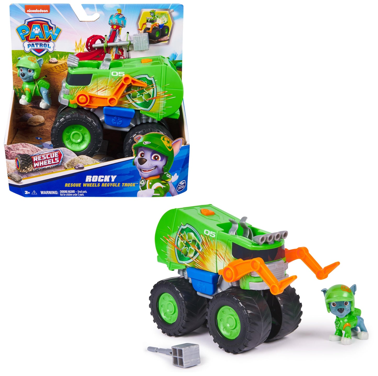 PAW PATROL Rescue Wheels Set de joacă Monstertruck reciclare Rocky cu lansator de proiectile și figurină câine 3+ ani