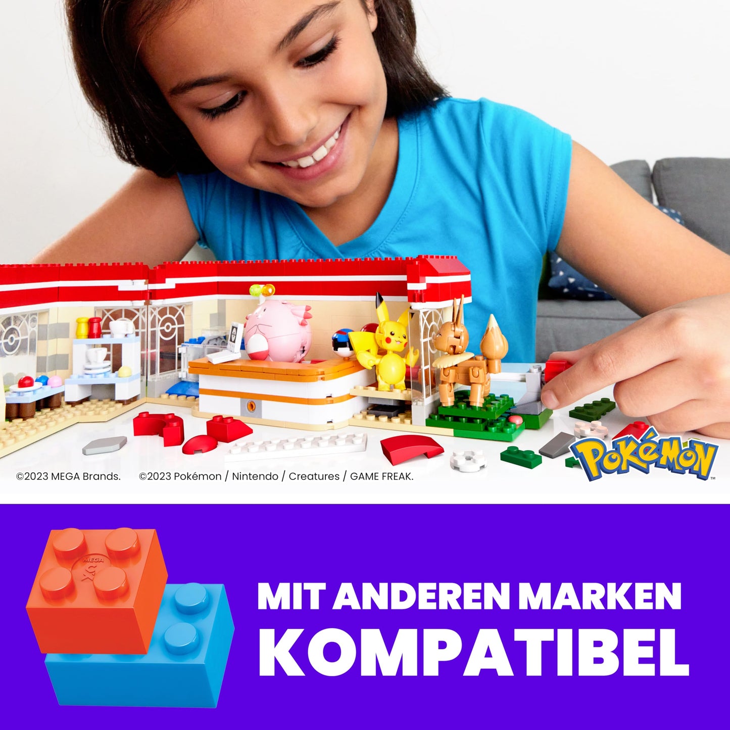 Mega Bloks HNT93 Set de construcție Pokémon 648 piese cu Pikachu, Chaneira, Evoli și Togepi pentru copii de la 8 ani