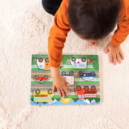 Puzzle din lemn cu vehicule Melissa & Doug – Jucărie interactivă pentru învățare, cadou educativ pentru copii de 2 ani și mai mari