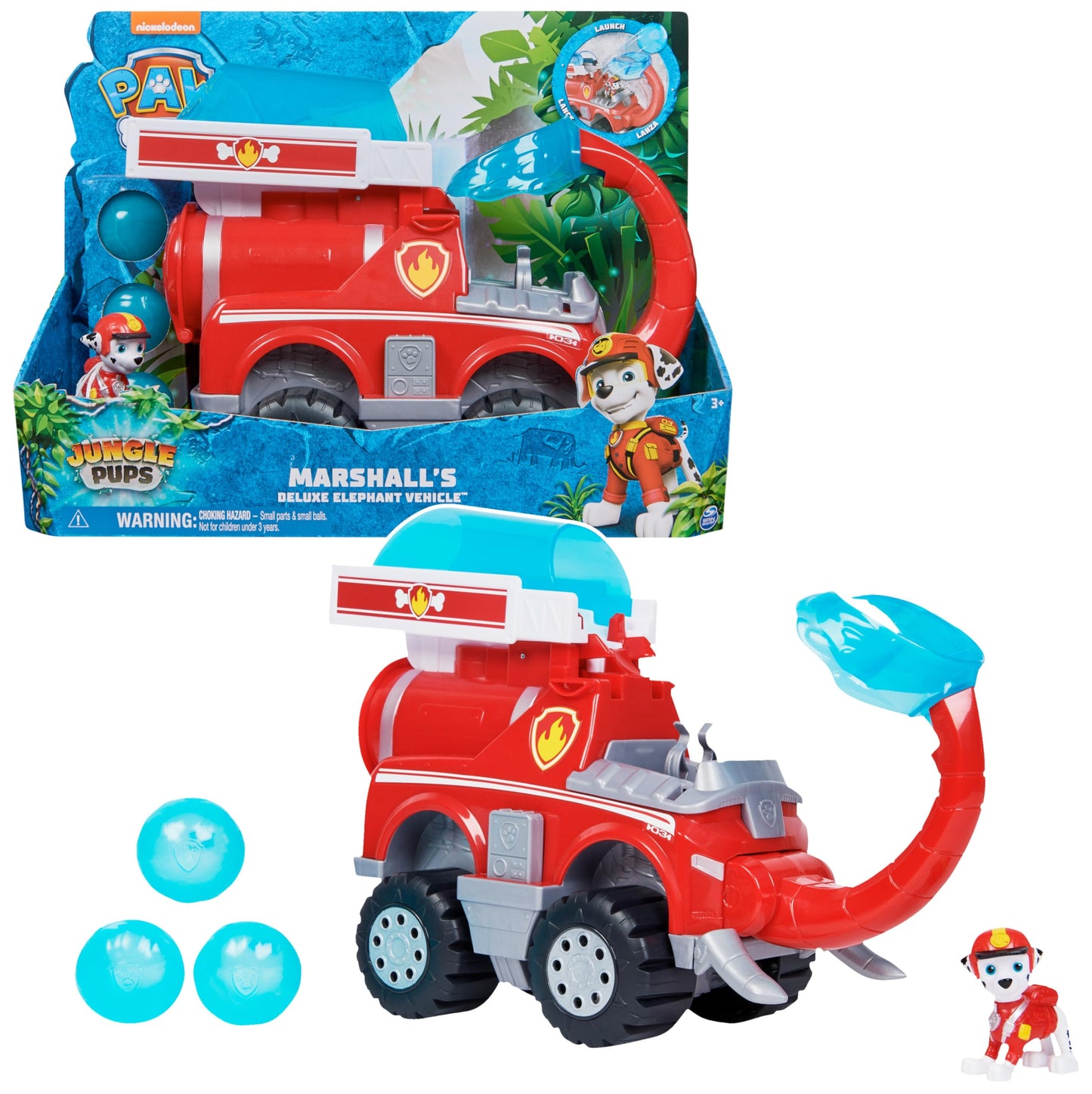 PAW Patrol Jungle Pups - Vehicul mare cu elefant și apă (vehicul deluxe) și figurina Marshall Hero Pups, jucărie pentru copii de la 3 ani