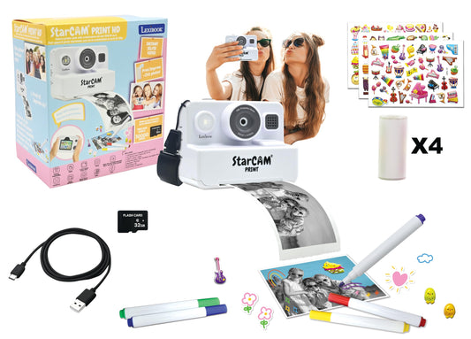 Cameră Lexibook DJ160 StarCAM Print HD cu imprimantă instant, foto, video, selfie, funcții muzicale și de joc, set de personalizare și card SD de 32GB, alb, dimensiune unică.