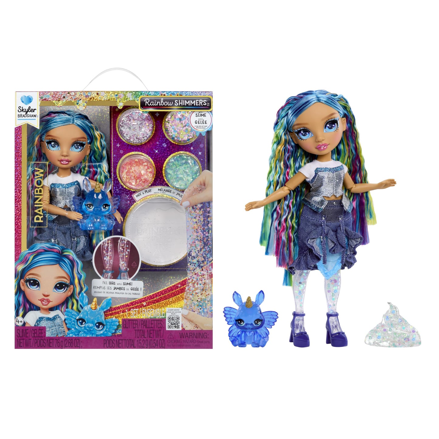 Rainbow High Rainbow Shimmers cu Slime - Skyler, Albastru - 28 cm Păpușă de Modă cu 1 Set de Slime și 1 Pisicuță de Companie