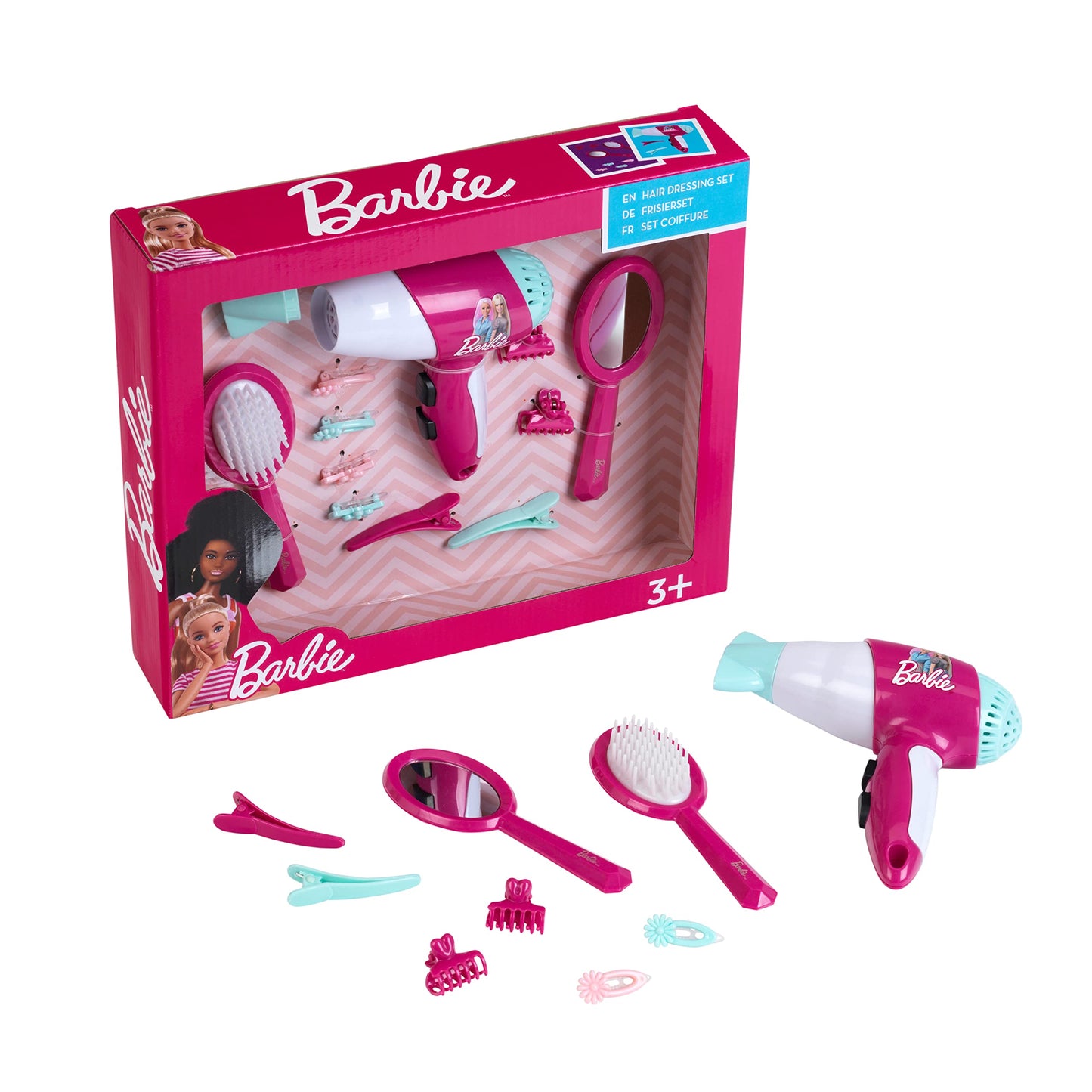 Set de coafură Barbie Theo Klein 5790 cu accesorii, inclusiv uscător de păr pentru copii, pentru vârsta de 3 ani+.