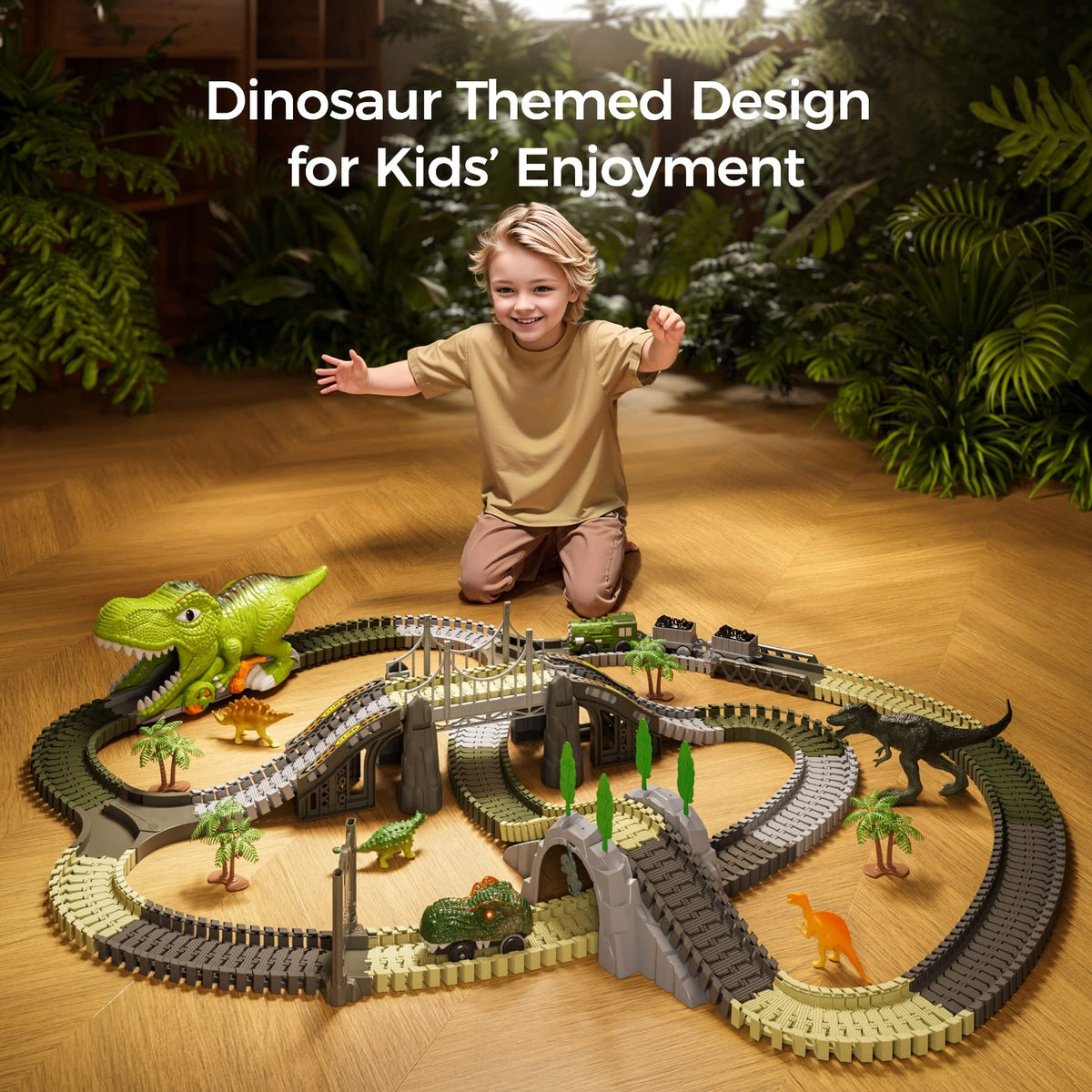 TUMAMA P01 Set de joacă cu tren de dinozauri Piste flexibile cu 281 piese, 4 dinozauri și 2 mașinuțe electrice cu lumini pentru copii 3-6 ani