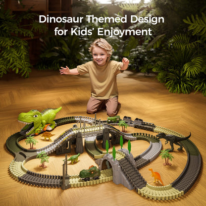 TUMAMA P01 Set de joacă cu tren de dinozauri Piste flexibile cu 281 piese, 4 dinozauri și 2 mașinuțe electrice cu lumini pentru copii 3-6 ani
