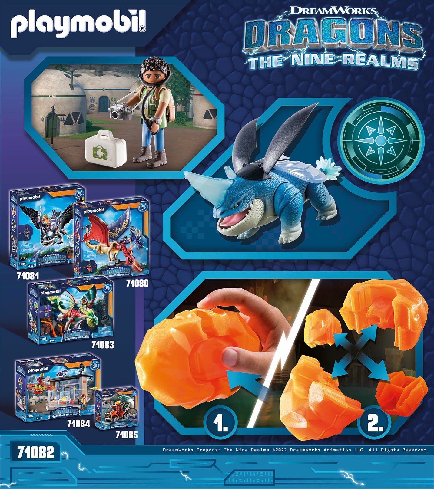 PLAYMOBIL DreamWorks Dragons 71082 Set de joacă cu dragon Plowhorn și D'Angelo 17 piese pentru copii de la 4 ani
